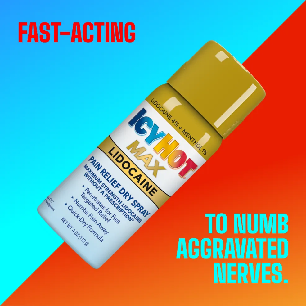 Packaging of Icy Hot® Lidocaine Dry Spray and product benefit statements.