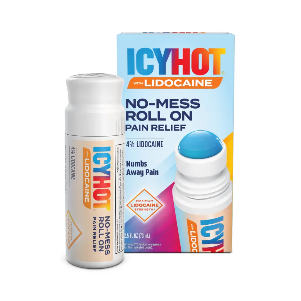 Packaging of Icy Hot® Lidocaine No Mess and product benefit statements.