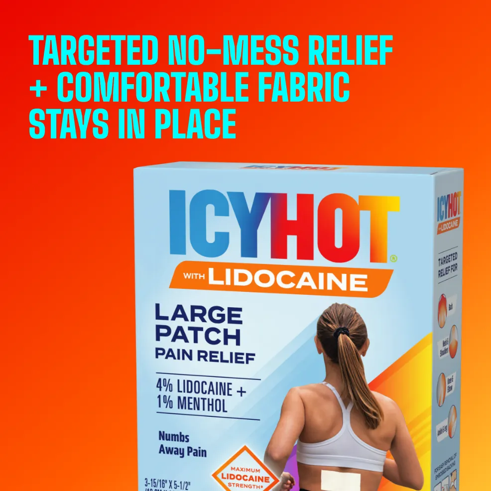 Packaging of Icy Hot® Lidocaine Patch and product benefit statements.