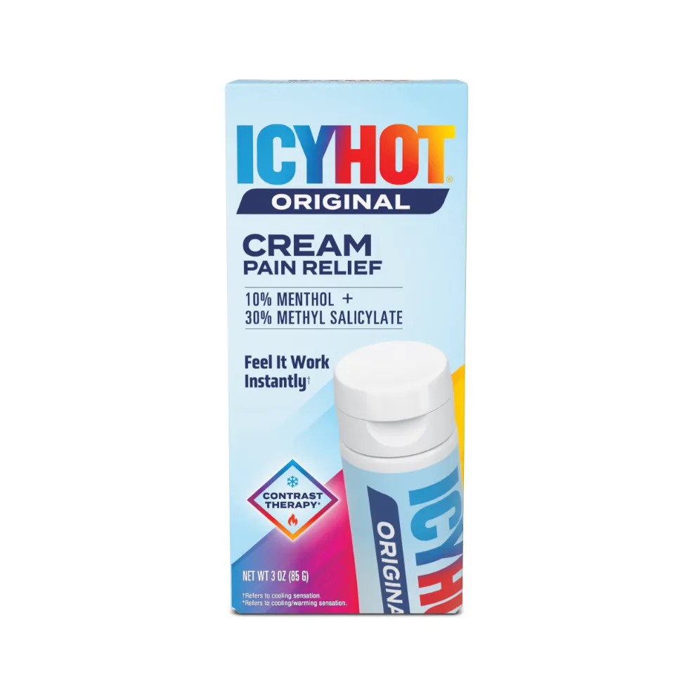 Packaging of Icy Hot® Original Cream and product benefit statements.