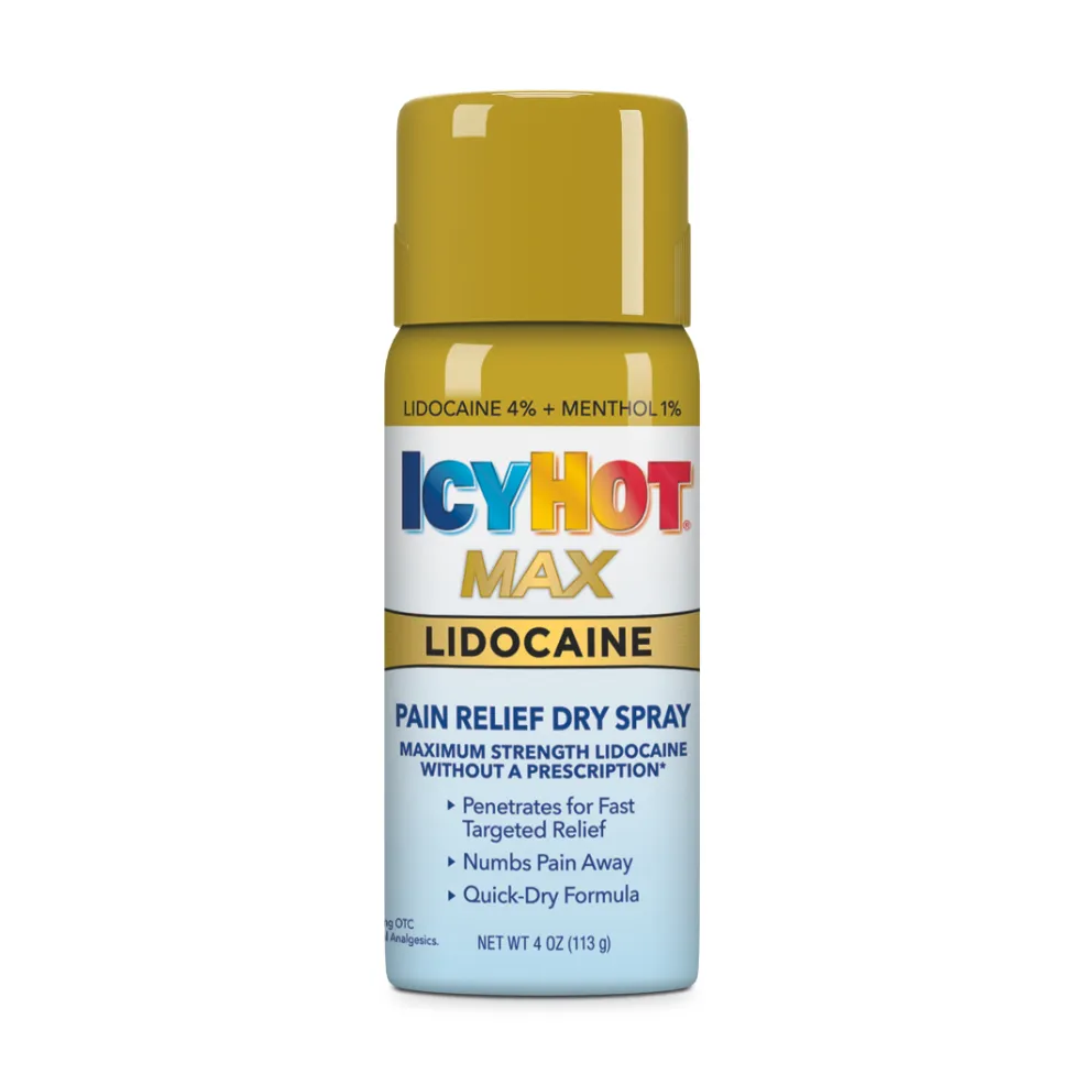 Packaging of Icy Hot® Lidocaine Dry Spray and product benefit statements.