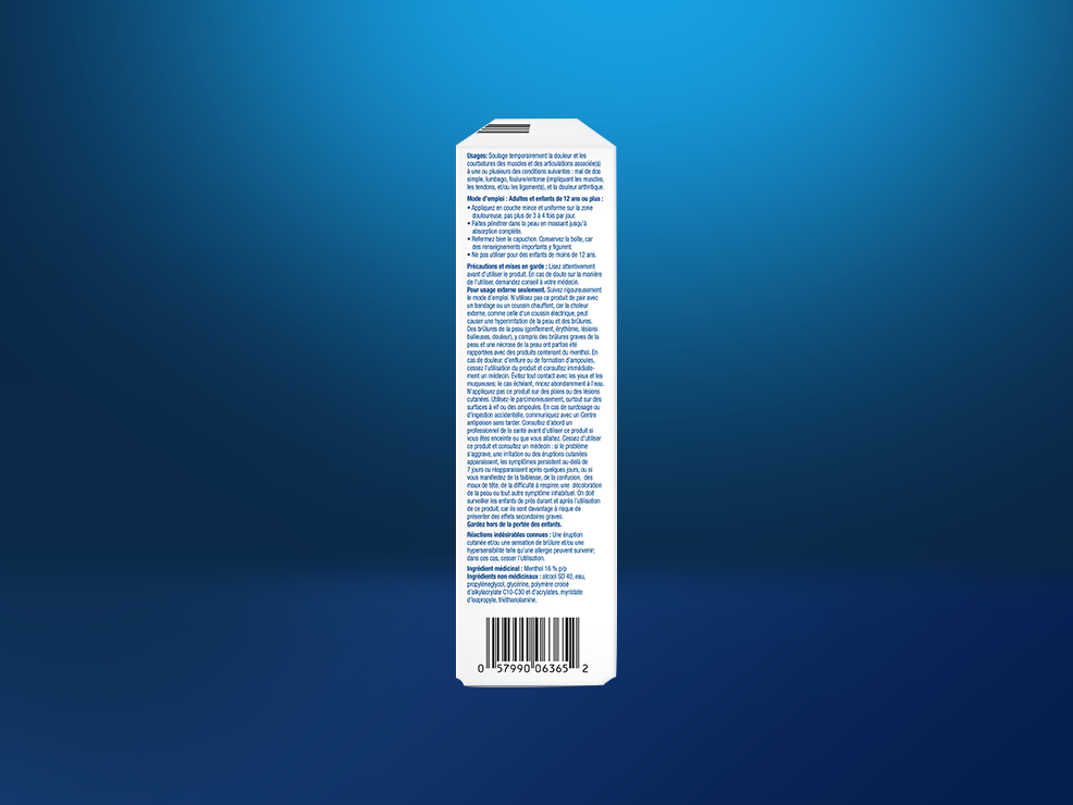 Icy Hot® en applicateur à bille : avant et arrière de l'emballage et de l'applicateur à bille