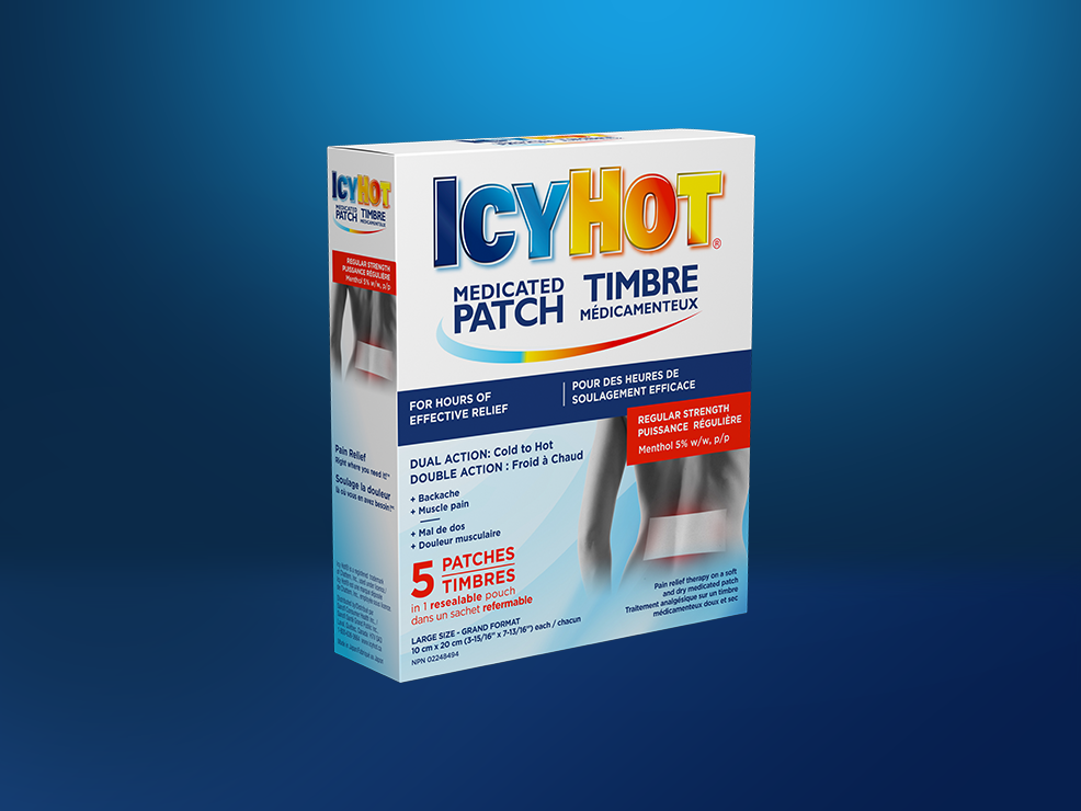 Timbre médicamenteux Icy Hot® : recto et verso de l'emballage et emballage du timbre.