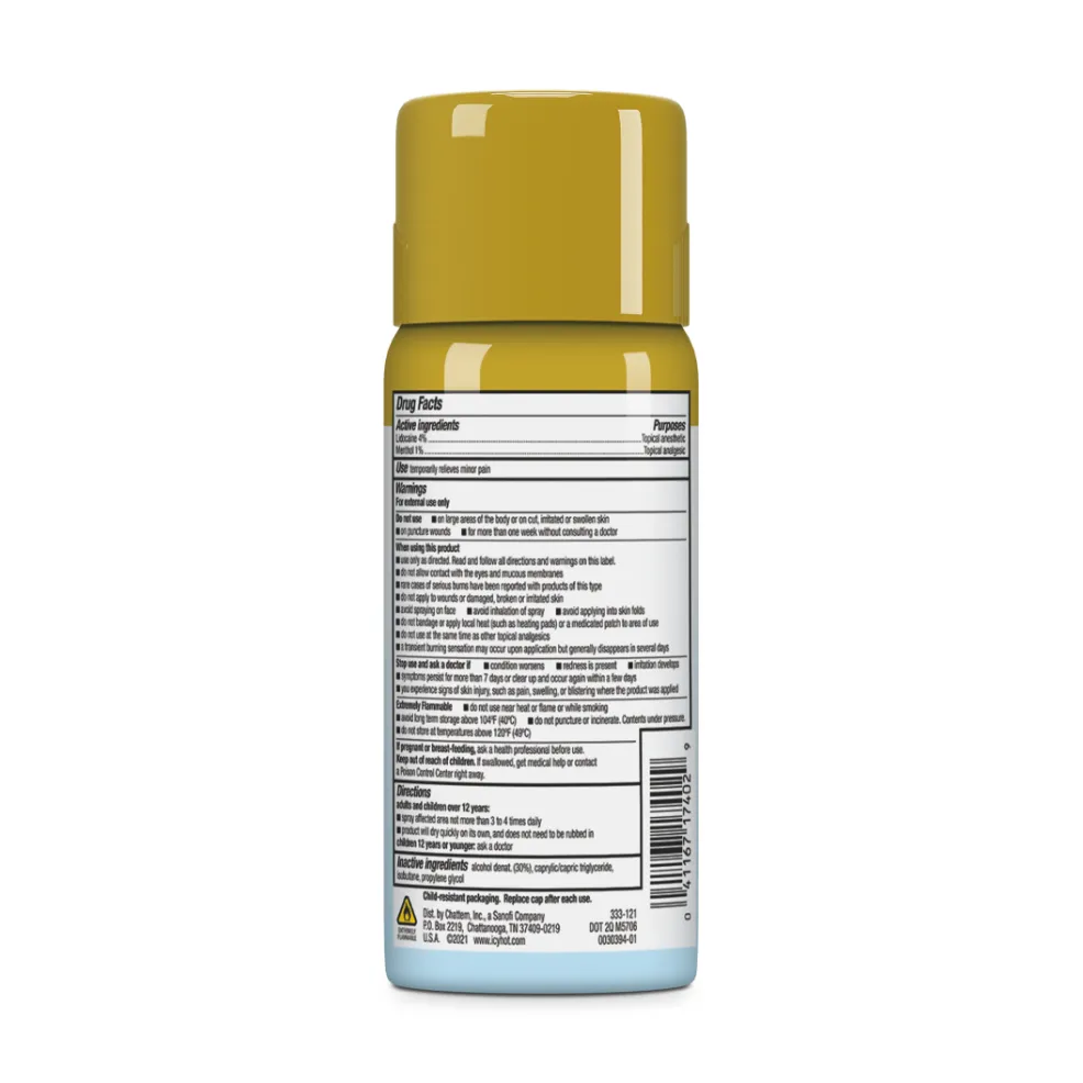 Packaging of Icy Hot® Lidocaine Dry Spray and product benefit statements.