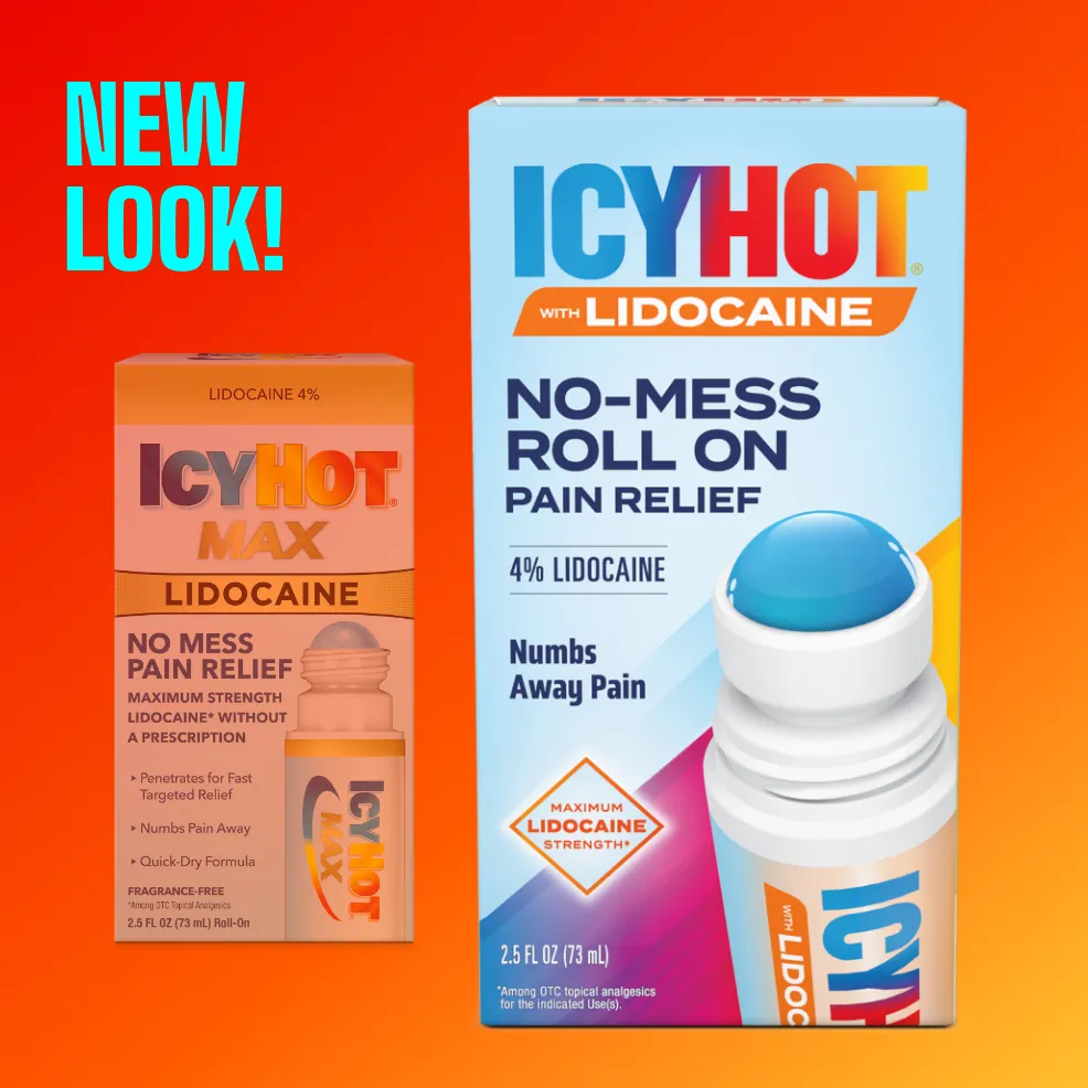 Packaging of Icy Hot® Lidocaine No Mess and product benefit statements.