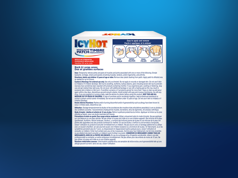 Icy Hot® Medicated Patch: front and back of packaging and patch wrapper