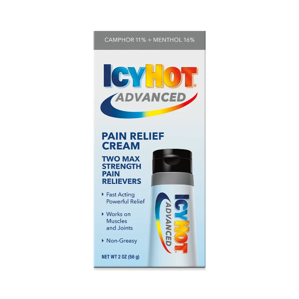 Packaging of Icy Hot® Advanced Cream and product benefit statements.