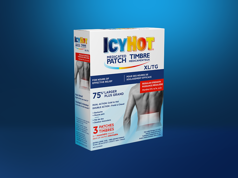 Timbre médicamenteux Icy Hot® format TG : recto et verso de l'emballage et emballage du timbre