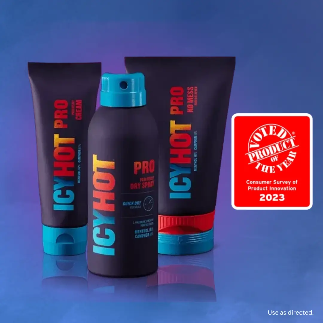 Family shot of the Icy Hot PRO Cream, Dry Spray and No Mess. Voted Product of the Year, Consumer Survey of Product Innovation 2023.