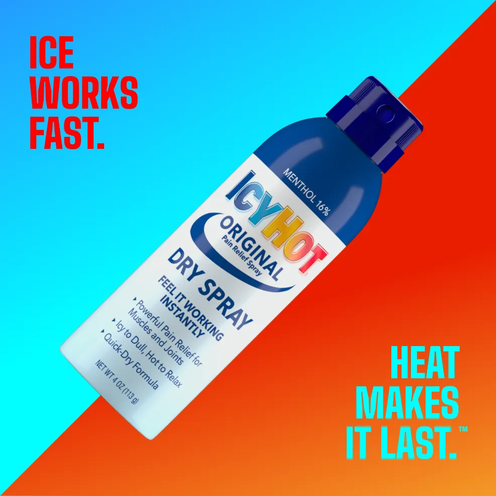 Packaging of Icy Hot® Original Dry Spray and product benefit statements.
