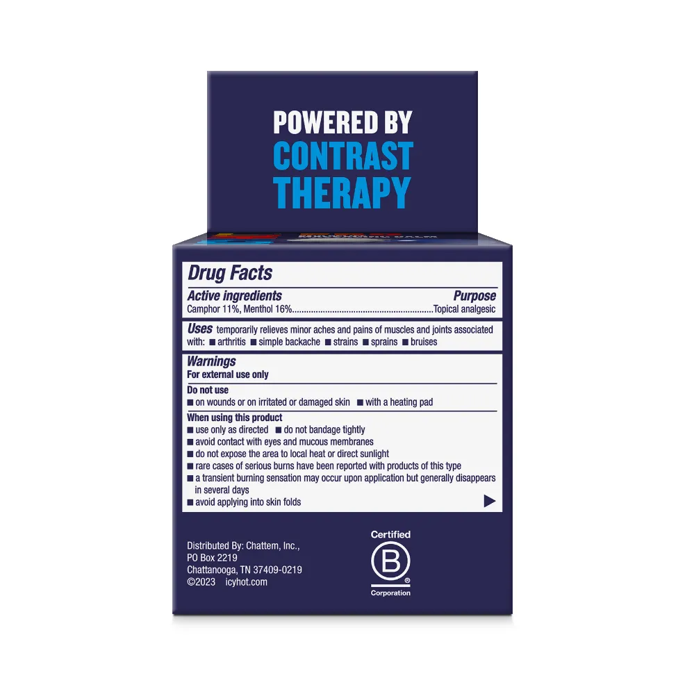 Packaging of Icy Hot® PRO Massaging Balm and product benefit statements.