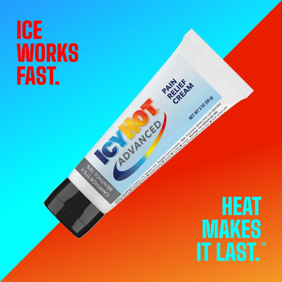 Packaging of Icy Hot® Advanced Cream and product benefit statements.