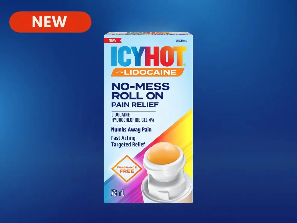 Front of pack of Icy Hot with Lidocaine No-Mess Pain Relief Roll On