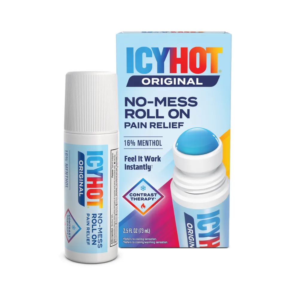 Packaging of Icy Hot® Original No Mess and product benefit statements.
