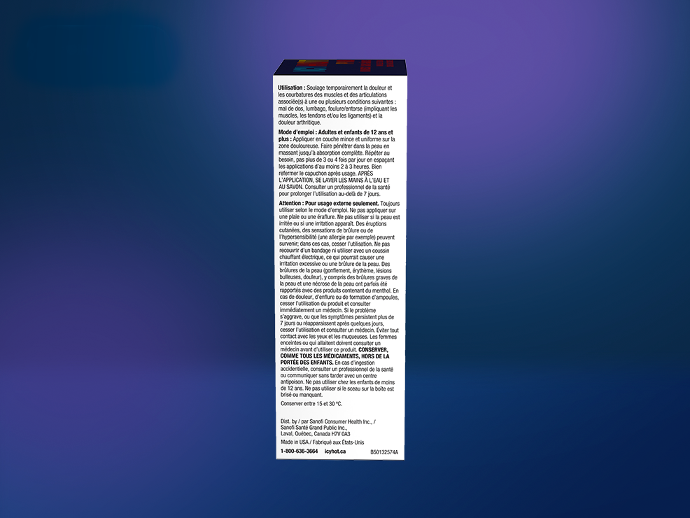 Icy Hot® PRO Sans Gâchis : avant et arrière de l'emballage et du tube