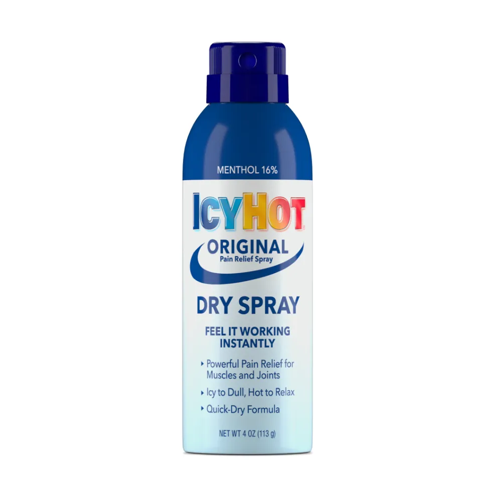 Packaging of Icy Hot® Original Dry Spray and product benefit statements.
