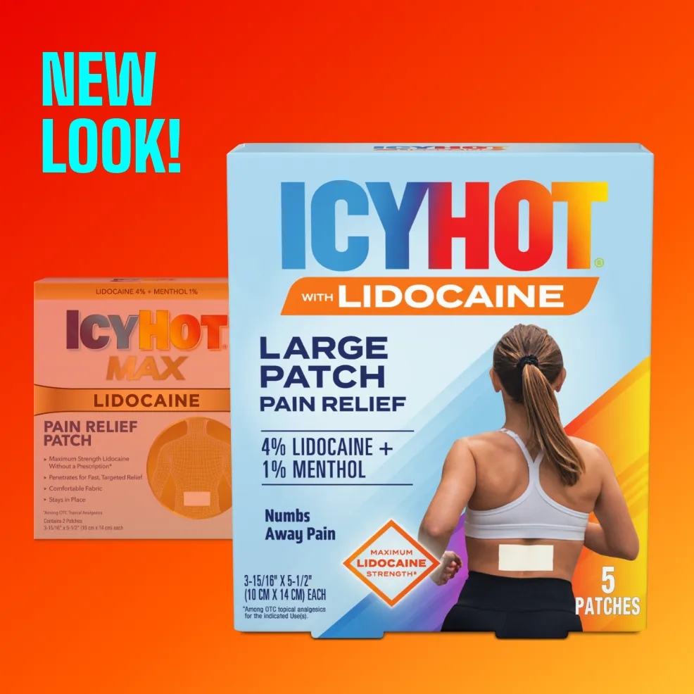 Packaging of Icy Hot® Lidocaine Patch and product benefit statements.