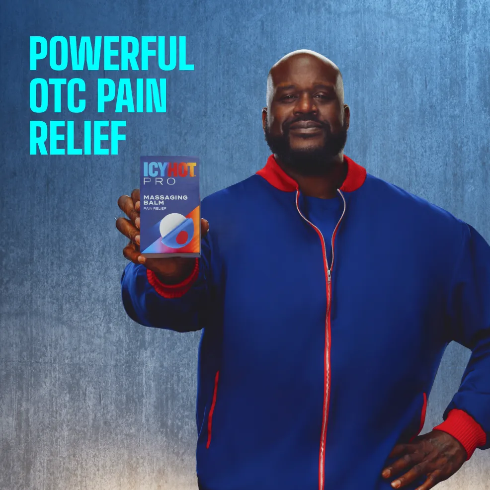 Packaging of Icy Hot® PRO Massaging Balm and product benefit statements.