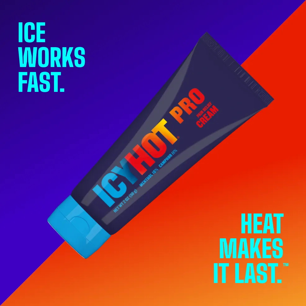 Packaging of Icy Hot® PRO Cream and product benefit statements.