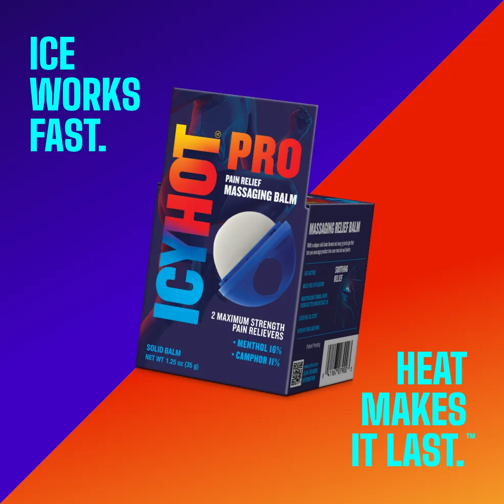Packaging of Icy Hot® PRO Massaging Balm and product benefit statements.