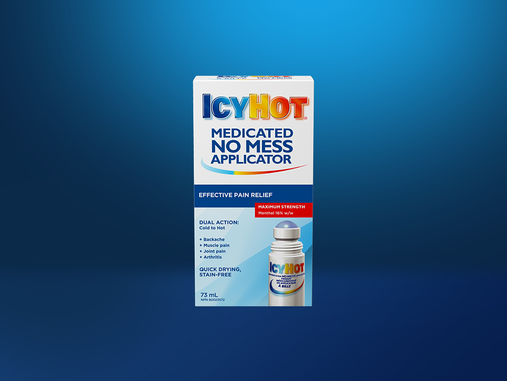 Icy Hot® No Mess: front and back of packaging and roll on