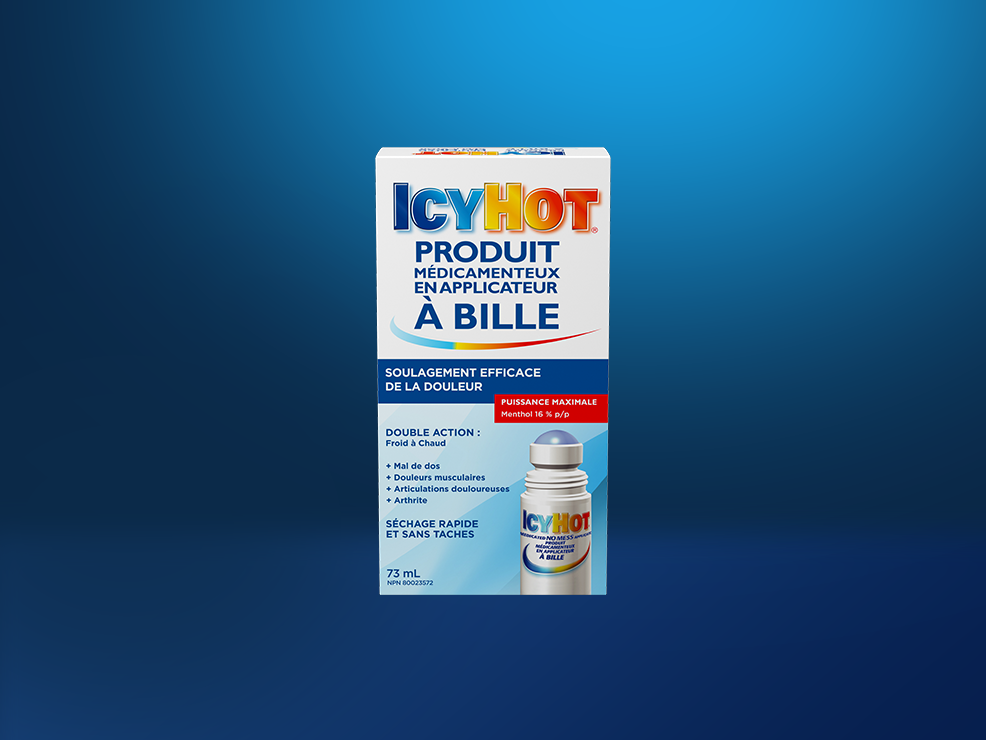 Produit médicamenteux en applicateur à bille Icy Hot® : avant de l'emballage