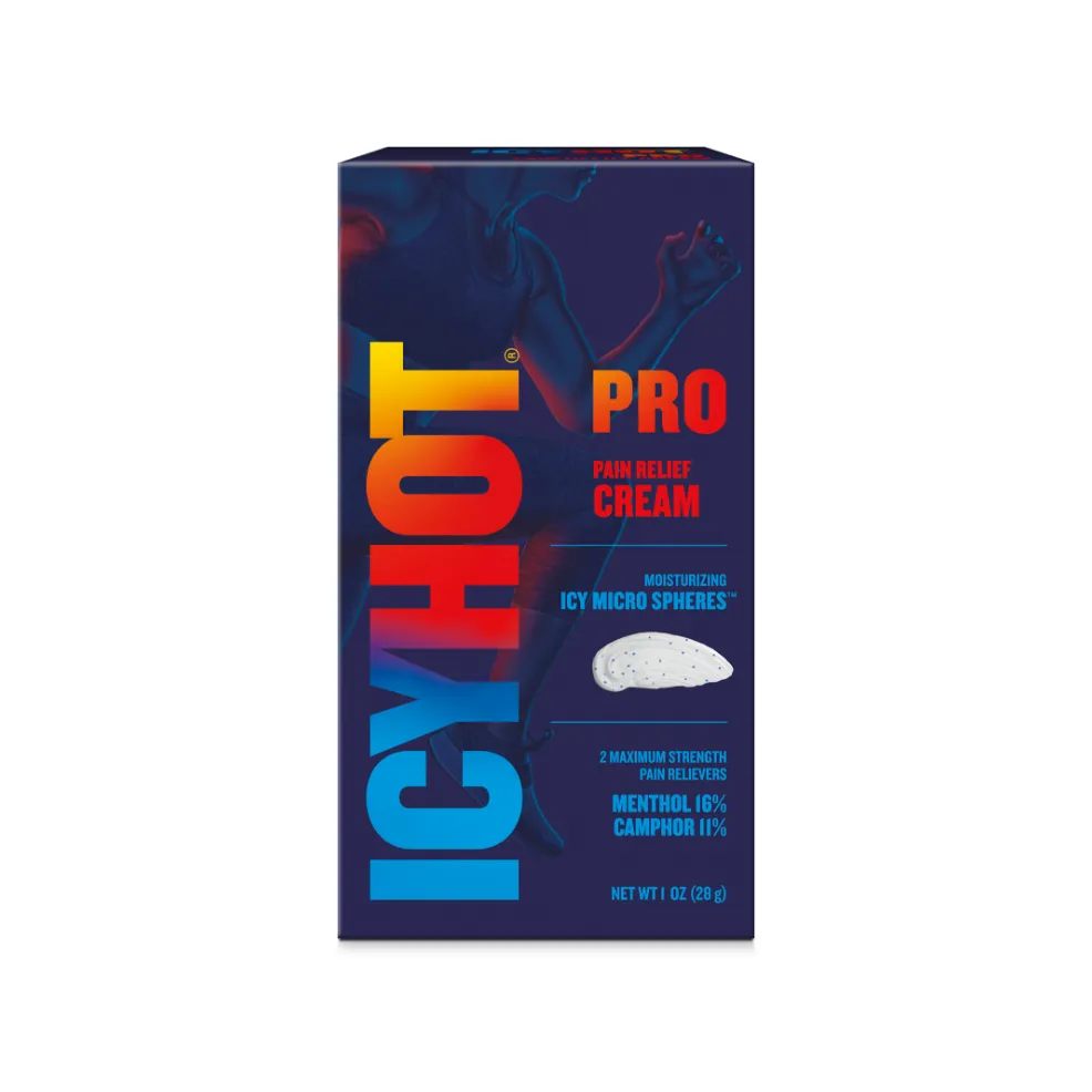 Packaging of Icy Hot® PRO Cream and product benefit statements.