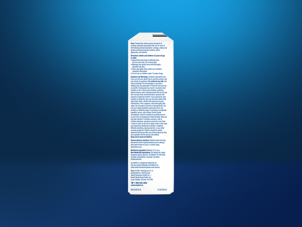 Icy Hot® No Mess: front and back of packaging and roll on