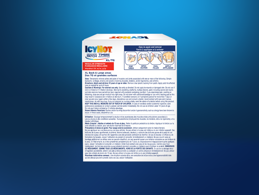 Timbre médicamenteux Icy Hot® format TG : recto et verso de l'emballage et emballage du timbre