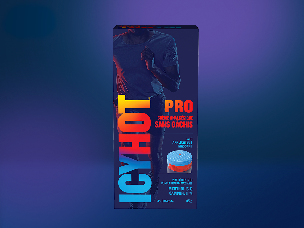 Icy Hot® PRO Sans Gâchis : avant et arrière de l'emballage et du tube