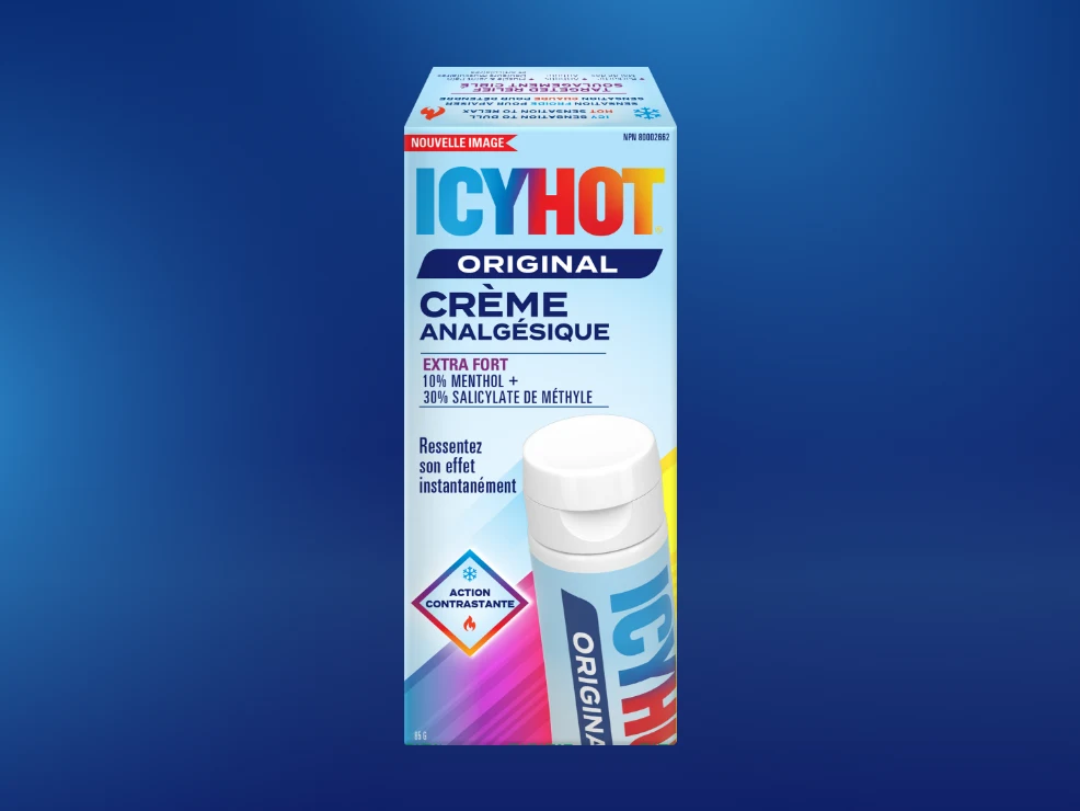 Crème analgésique Icy Hot® : avant et arrière de l'emballage et du tube