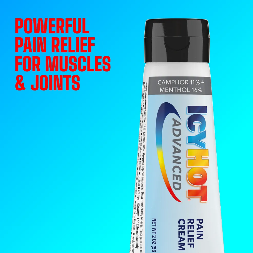 Packaging of Icy Hot® Advanced Cream and product benefit statements.