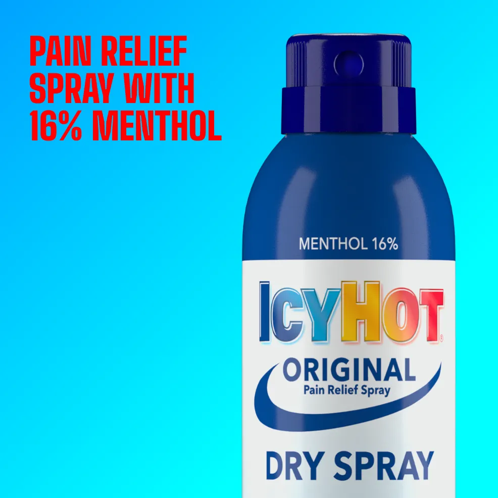 Packaging of Icy Hot® Original Dry Spray and product benefit statements.