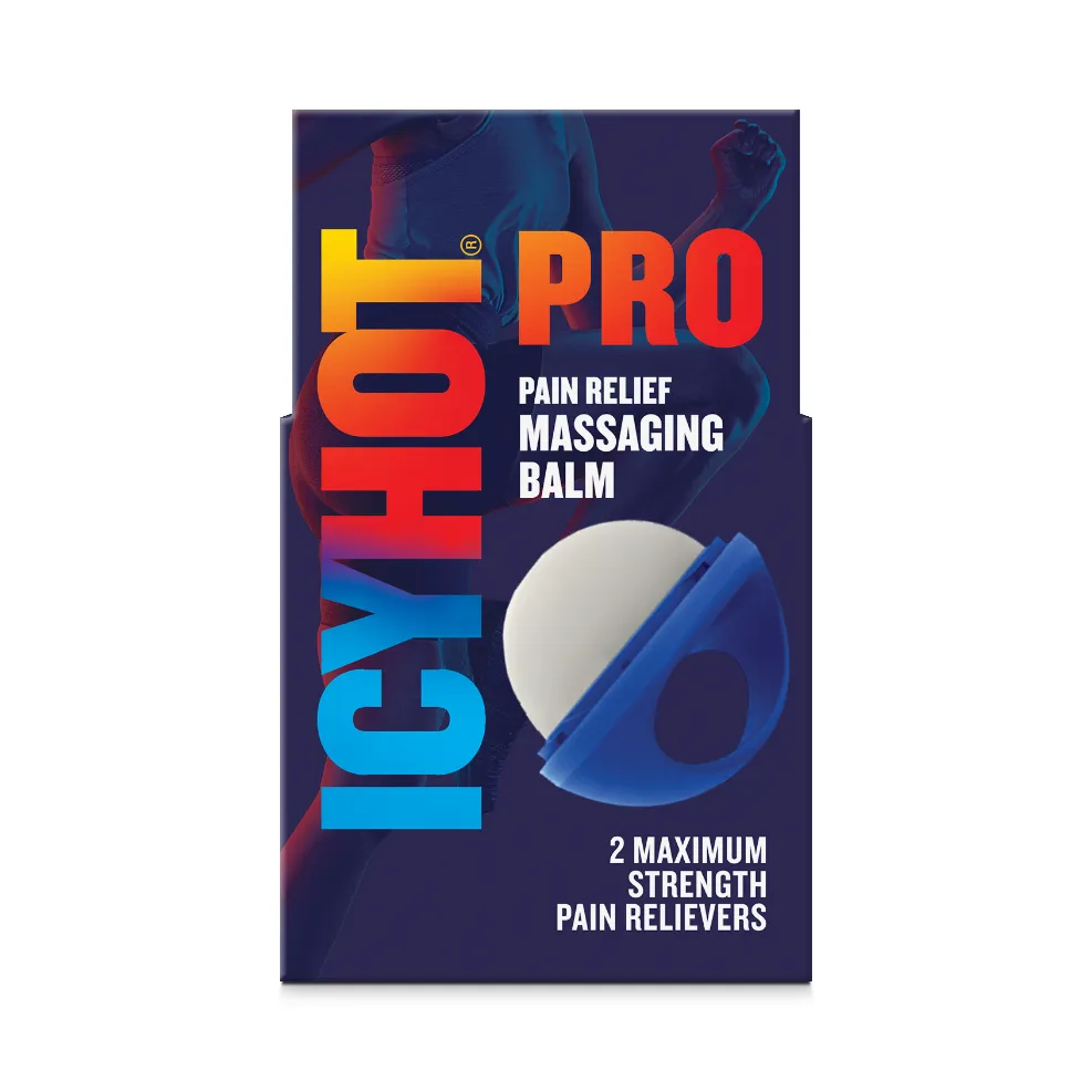 Packaging of Icy Hot® PRO Massaging Balm and product benefit statements.