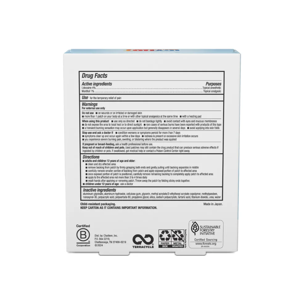 Packaging of Icy Hot® Lidocaine Patch and product benefit statements.