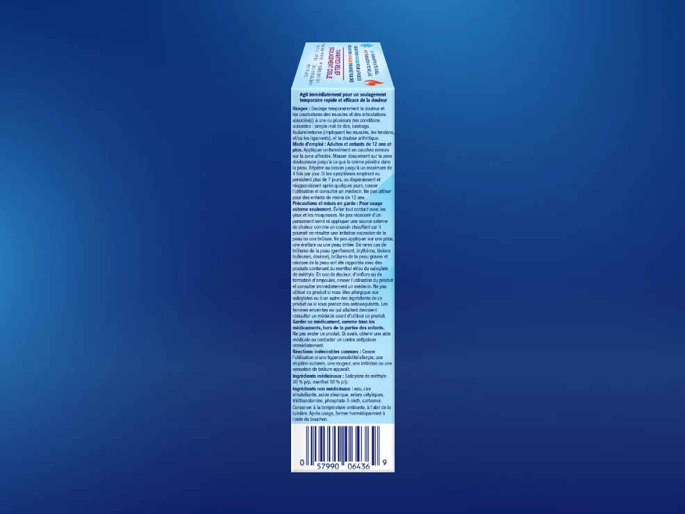 Crème analgésique Icy Hot® : avant et arrière de l'emballage et du tube