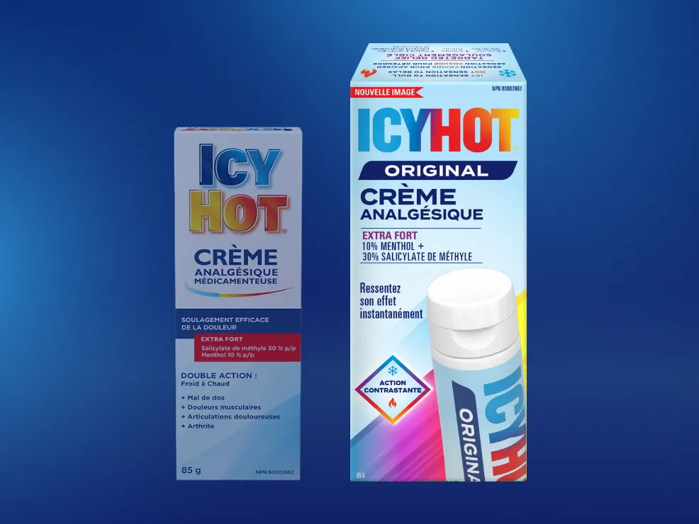 Crème analgésique Icy Hot® : avant et arrière de l'emballage et du tube