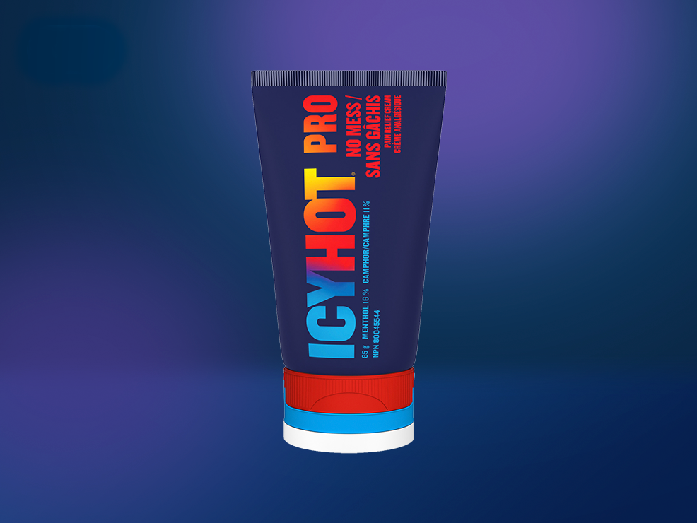 Icy Hot® PRO Sans Gâchis : avant et arrière de l'emballage et du tube