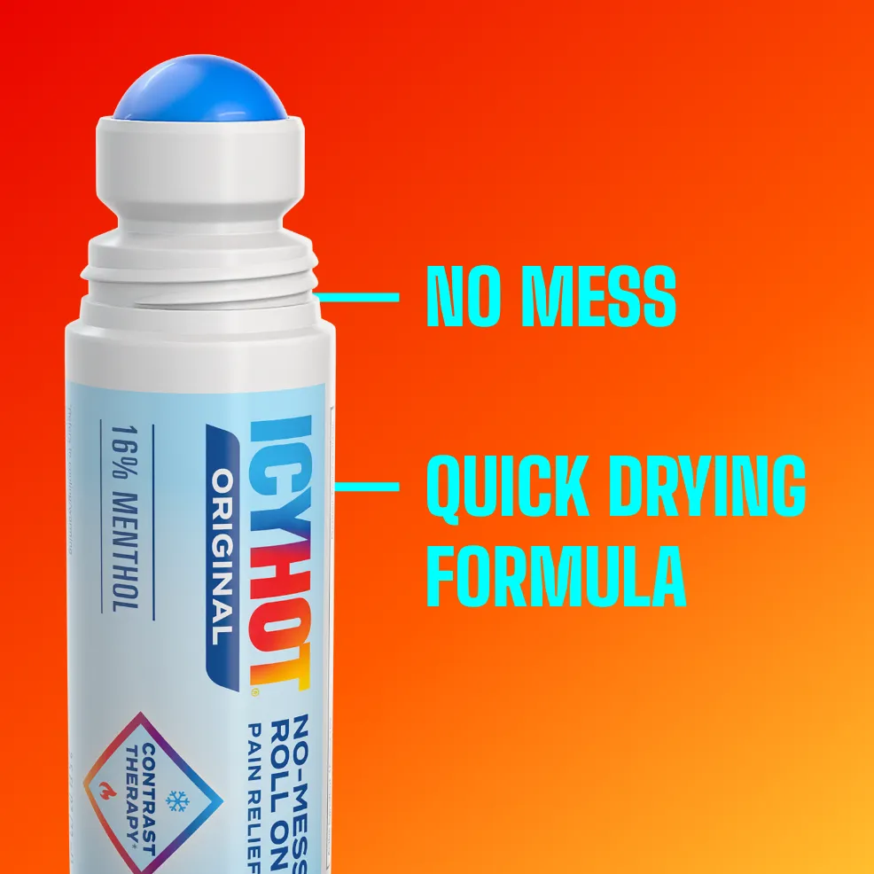 Packaging of Icy Hot® Original No Mess and product benefit statements.