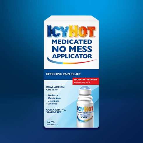 Product shot of Icy Hot Medicated No Mess Applicator in front of a blue ombre background. Get fast-acting pain relief with Icy Hot Medicated No Mess. Feel the power of Icy Hot contrast relief — it starts out with a cooling sensation to dull your pain, followed by a warming sensation to relax muscles and joints.