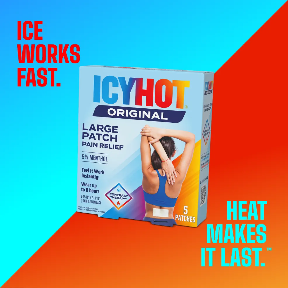 Packaging of Icy Hot® Original Back Patch and product benefit statements.